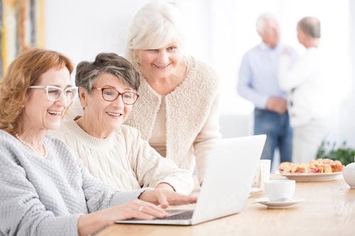 Preview: Smiling senior women using laptop