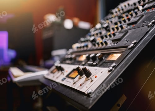 Preview: Sound board, music and production in recording studio with closeup, creativity and audio equipment