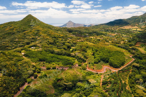 Preview: Bird's-eye view of the mountains and fields of the island of Mauritius.Landscapes Of Mauritius