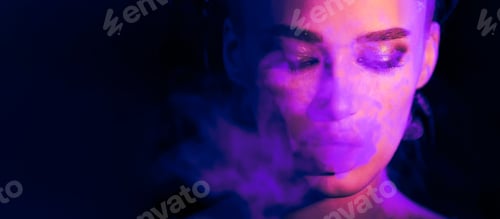 Preview: Woman Smoking Cigarette in Neon Light, Copy Space