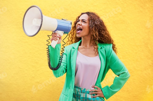 Preview: Megaphone, woman and shouting on yellow background of speech, broadcast and protest noise. Female,