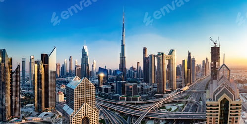 Preview: Burj Khalifa in Dubai downtown skyscrapers highrise architecture at sunset