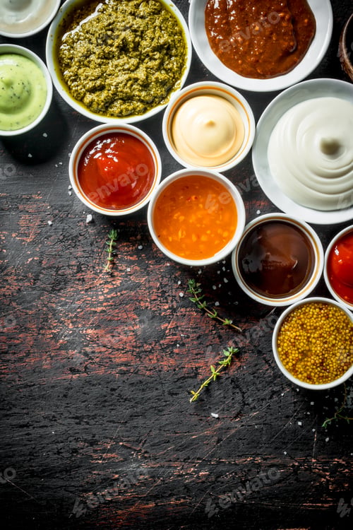 Preview: Different types of sauces in bowls.