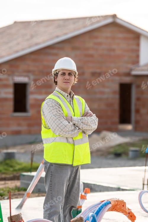 Preview: Professional Engineer Architect Worker With Protective Helmet At House Building Construction Site