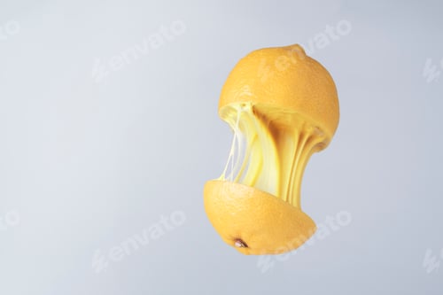 Preview: Sticky pulling lemon on a gray background with space for text. Creative fruit concept.