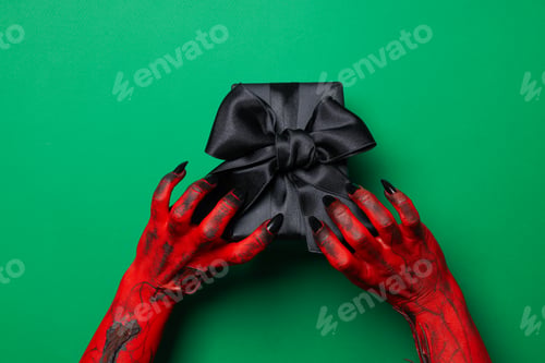 Preview: Spooky, red monster hands hold a gift