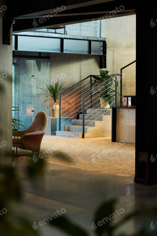 Preview: Selective focus on part of lounge with small staircase and fencing