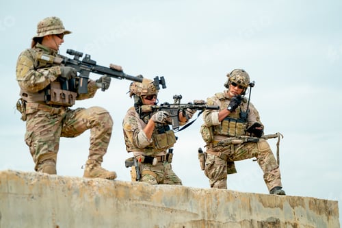 Preview: Military or soldier team with gun stay on concrete wall and prepare for battle with enemy