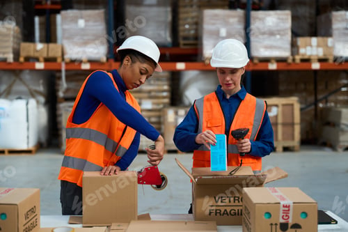 Vista previa: Female warehouse workers packing and scanning boxes