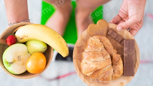 Preview: close up of woman holding to plates with two different types of food - unhealthy and healthy food