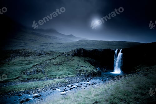 Preview: Iceland waterfall night view with full moon