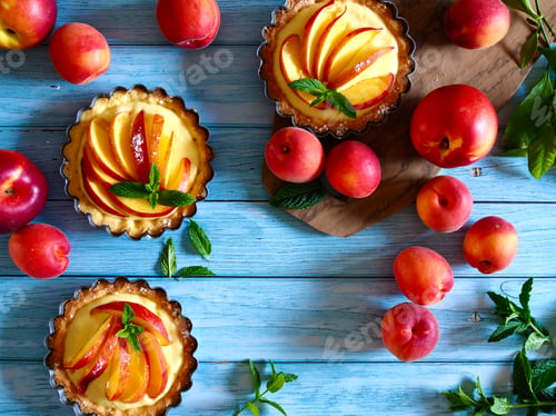 Preview: Peach Tartlets with Mint on Blue Wood Table
