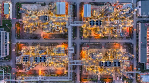 Preview: Aerial view Oil and Gas refinery plant at night, Global business energy logistic transportation