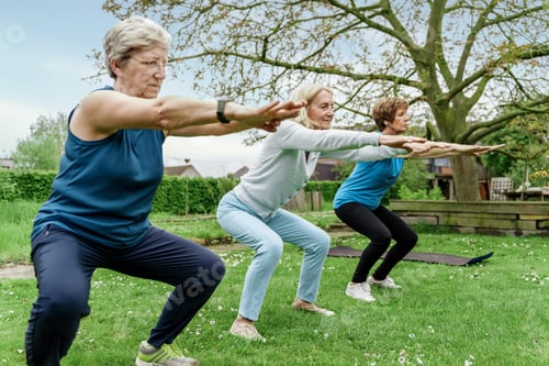 Preview: Senior Women fitness class Exercising Outdoors - Health and Wellness