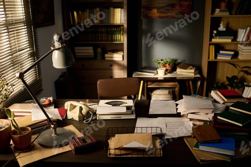 Preview: Vintage Office Desk Displaying Typewriter and Scattered Documents in Sunlight