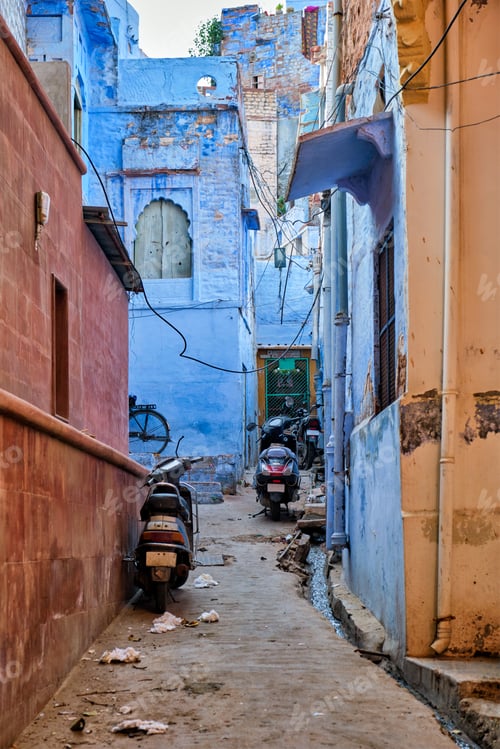 Preview: Bikes parked in street of Jodphur. Jodhpur, Rajasthan, India