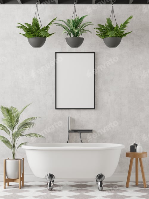 Preview: 3D Modern interior of bathroom with mockup poster frame