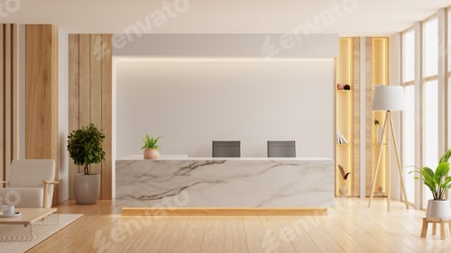 Preview: Modern minimalist reception area featuring a marble front desk, wooden slat wall accents
