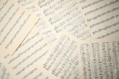 Preview: Sheets with musical notes as background, top view