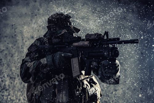 Preview: Commando fighter with rifle sneaking in darkness
