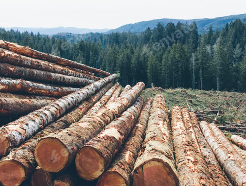 Preview: Stacked logs, freshly logged spruce and fir in the Pacific Northwest, forest in distance.