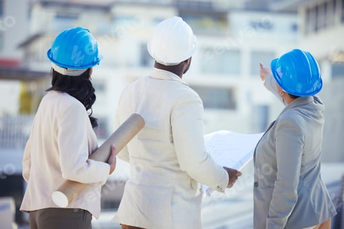 Preview: Engineering, collaboration or team on construction site with an blueprint for real estate developme