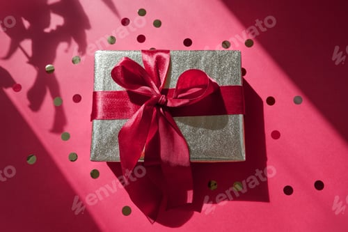 Preview: Top view present box package over flat lay background