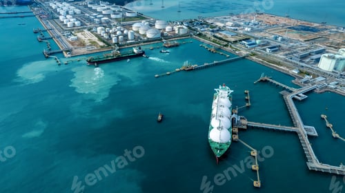 Preview: LNG (Liquified Natural Gas) tanker anchored in Gas terminal gas tanks for storage. Oil Crude Gas