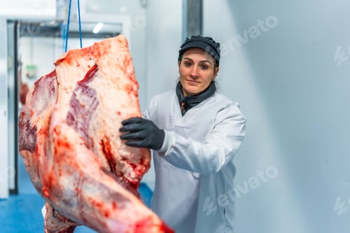 Preview: Butcher working at the slaughter house sorting meat
