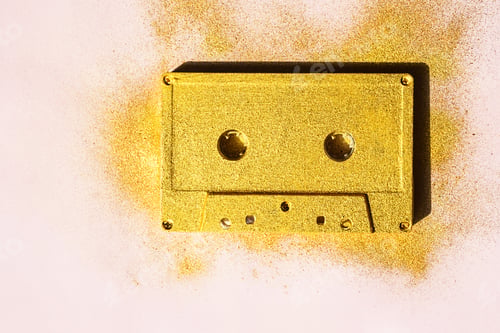 Preview: Vintage Golden Colour Audio Cassette. Old Cassette Tape on Pink.