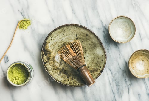 Preview: Japanese tools and bowls for brewing matcha tea, top view