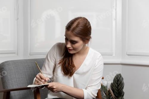 Preview: Woman writing on notepad with pencil