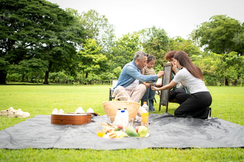 Preview: Happy multi generational Asian family enjoying picnic in the park