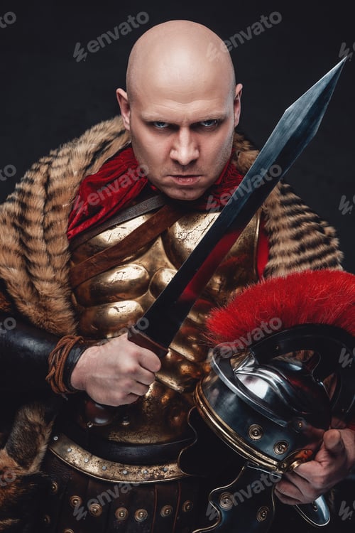 Preview: Fearful legionnaire with short sword and helmet
