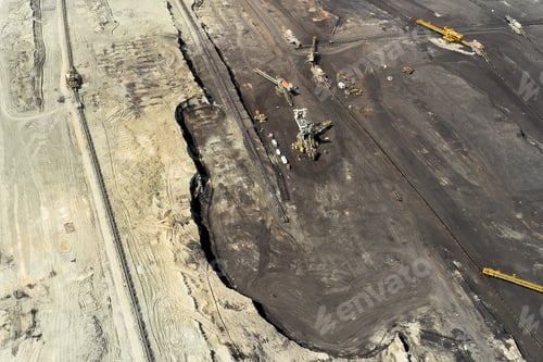 Preview: Top view of a mining quarry with huge equipment for coal or natural raw material mining. Working