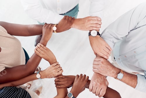 Preview: Top view, business people hands or holding wrists in collaboration, office workshop or solidarity f