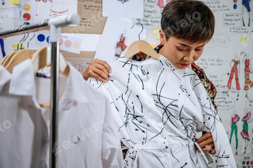 Preview: Smiley designer proud with her clothes design on hanger