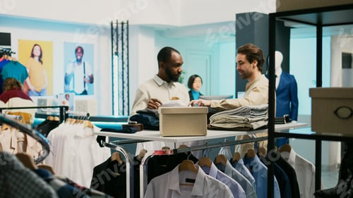 Preview: Client and employee looking at clothes hanging in store