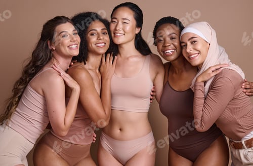 Preview: Diversity, women and body positive support in studio for body care wellness, beauty and skincare po