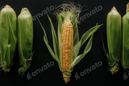 Preview: flat lay with arranged raw fresh corn cobs isolated on black
