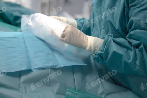Preview: Surgeon's gloved hands unwrapping sterile medical supplies for procedure