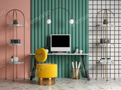 Preview: Memphis style conceptual interior Home office 3 d illustration