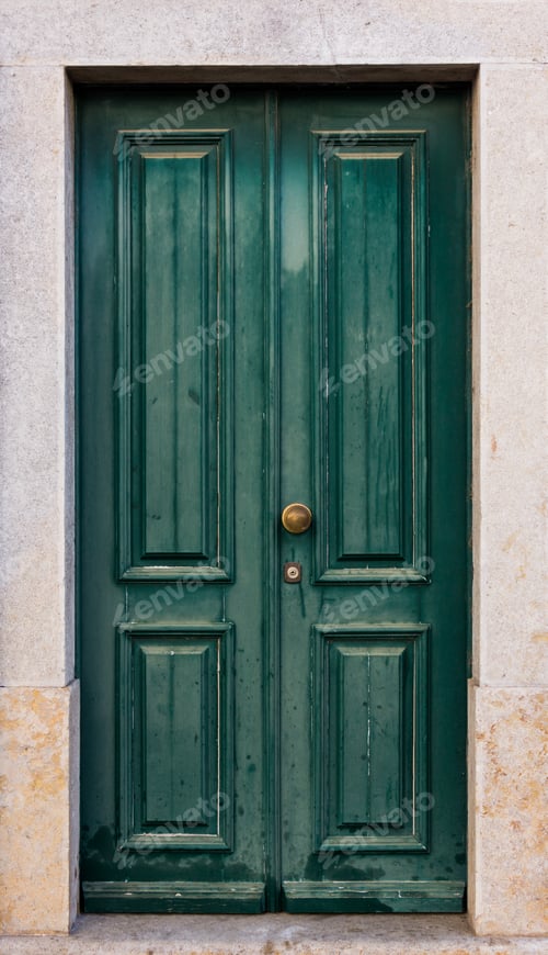 Preview: Green door. entrance door in front of residential house.