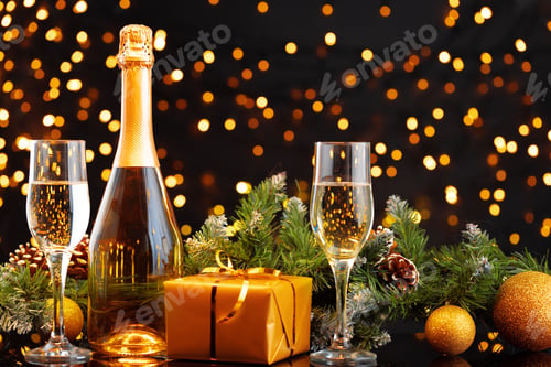 Preview: Champagne bottle and glasses on blurred lights background