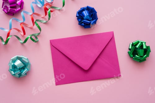 Preview: Top view of envelope near gift bows and serpentine on pink background