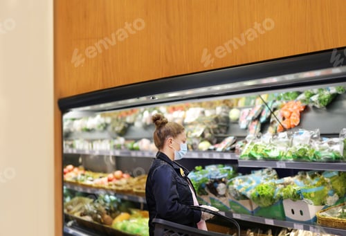 Preview: Supermarket Shopping, Face Mask And Gloves,Woman Buying Vegetables At The Market