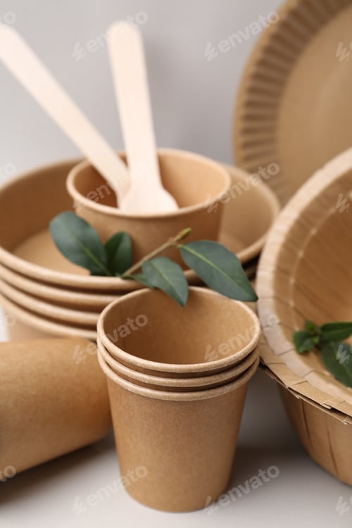 Preview: Set of disposable tableware and green leaves on light grey background, closeup