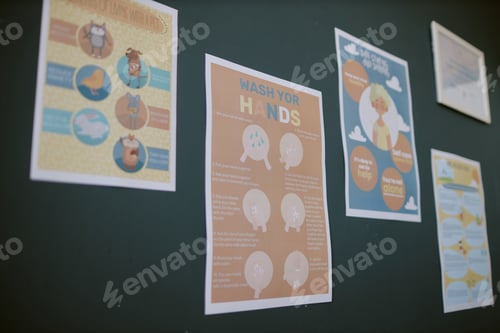 Preview: Educational Posters Showing Hand-Washing Procedures on Wall
