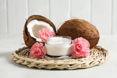 Preview: Concept of body and skin care accessories - coconut cosmetic