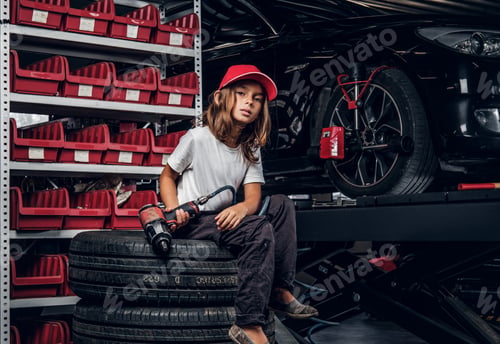 Preview: Portrait of cute kid at auto service workshop
